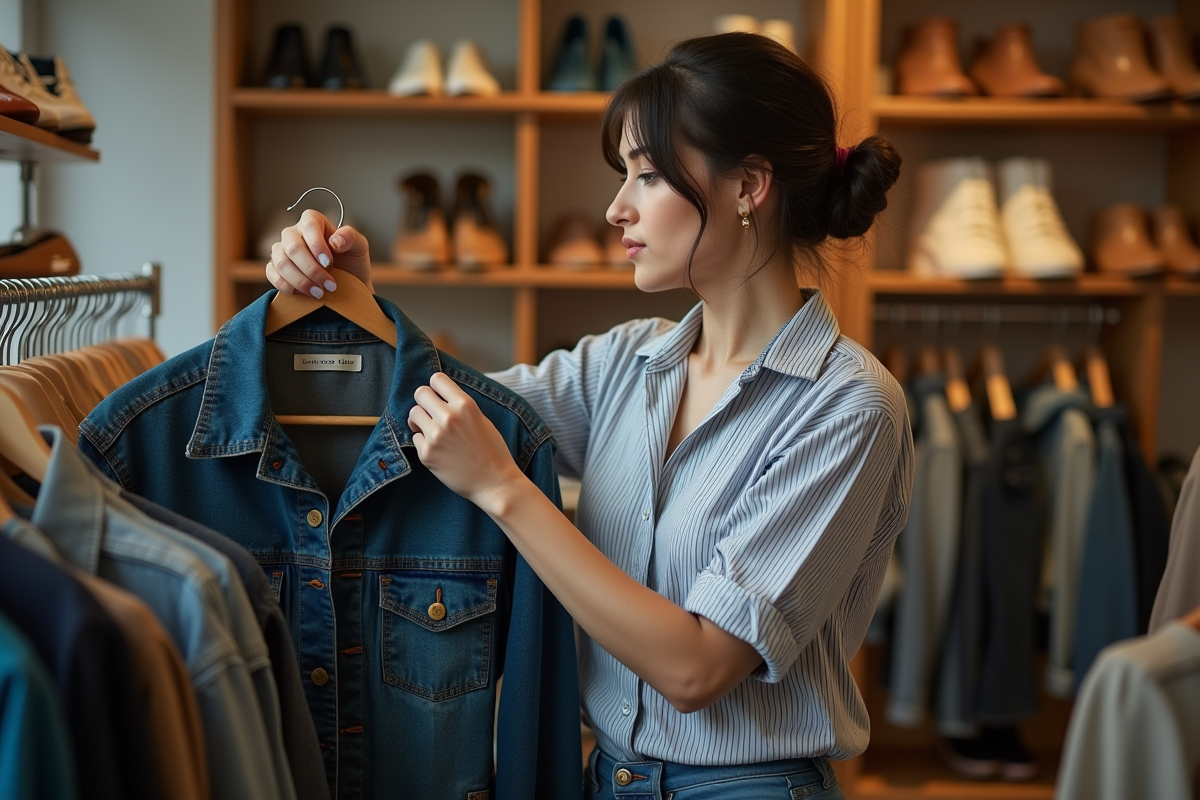 Femme examinant une veste d'occasion dans une boutique vintage