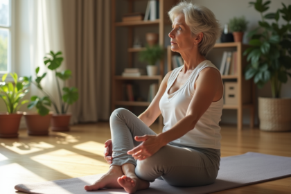 Femme d'âge moyen en yoga à la maison