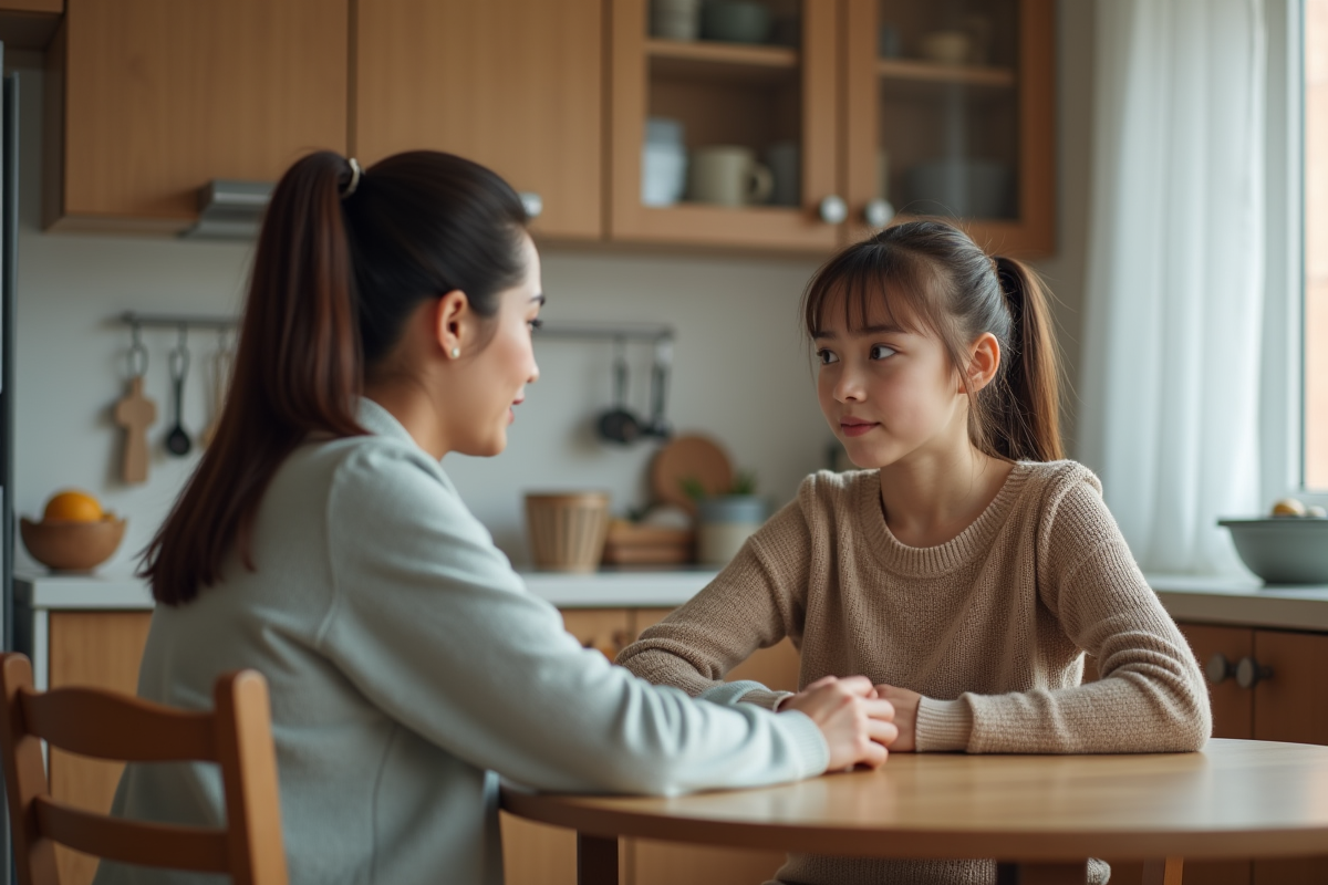 Fille adolescente parle avec sa mère dans la cuisine