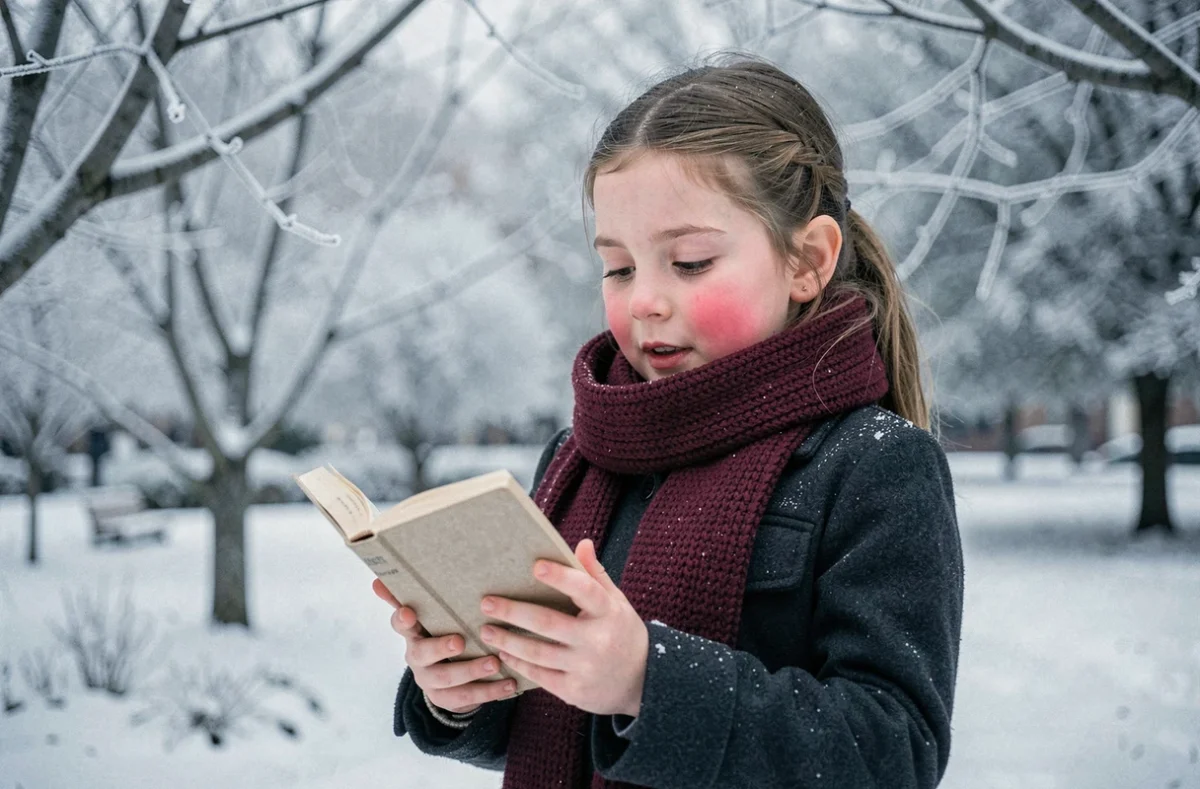 Jeune fille récitant un poème d'hiver dans un parc enneigé en tenant un petit livre ouvert