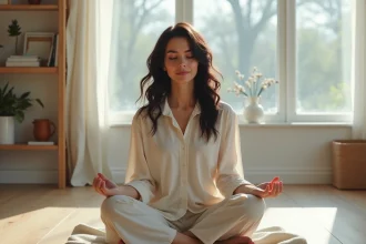 Femme en méditation les yeux fermés dans un espace minimaliste, illustrant l'éveil spirituel et les flashs lumineux intérieurs