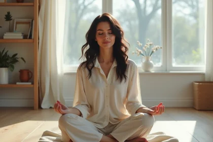 Femme en méditation les yeux fermés dans un espace minimaliste, illustrant l'éveil spirituel et les flashs lumineux intérieurs