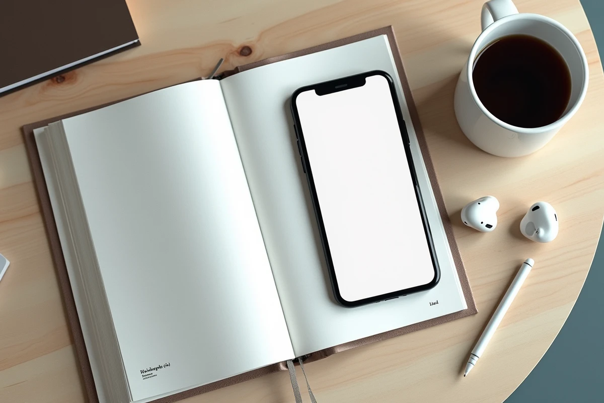 Vue de dessus d'un manga One Punch Man ouvert posé sur une table en bois à côté d'un smartphone affichant une scanlation en français