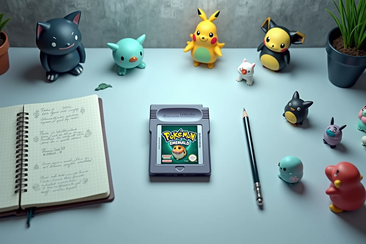 Vue aérienne d'un bureau avec cartouche Pokémon Émeraude, carnet de notes de stratégie et figurines pour illustrer la configuration d'objets tenus