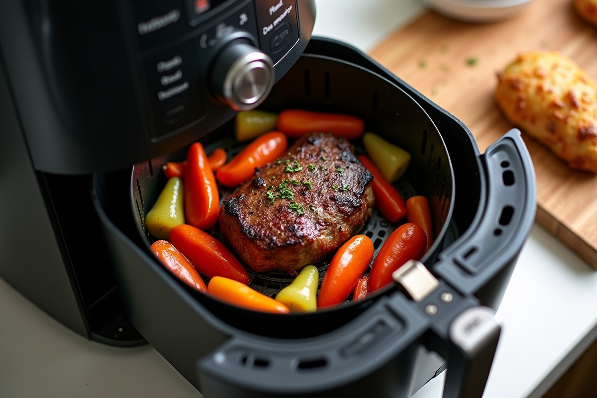 Friteuse Ninja Dual Zone avec viande et légumes rôtis dans la cuve ouverte
