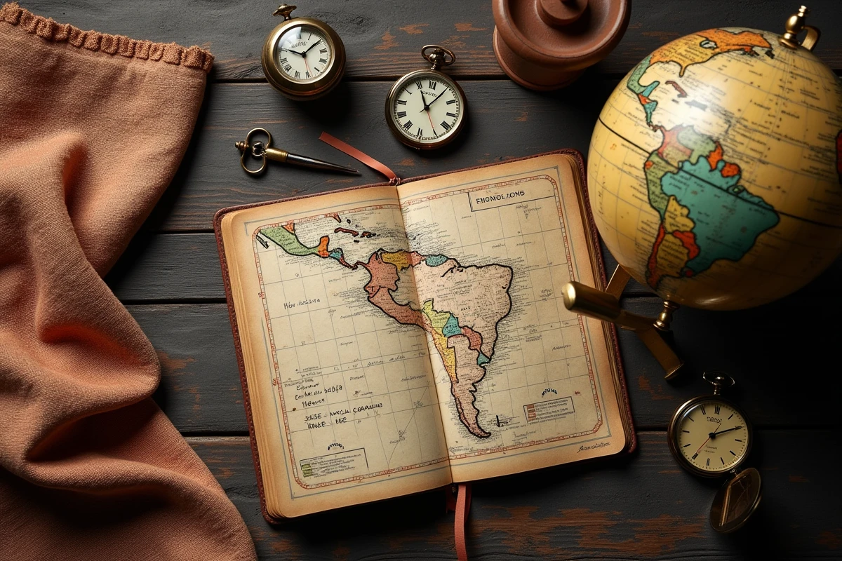 Composition à plat avec globe terrestre, carnet de fuseaux horaires et montre de poche pour illustrer le décalage horaire en Guyane française
