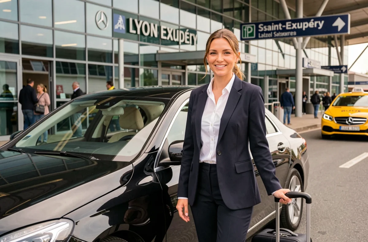 Chauffeuse VTC professionnelle en tenue soignée devant une berline noire à l'aéroport Lyon-Saint Exupéry pour un service de navette aéroport