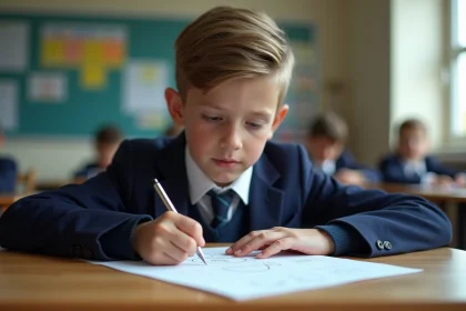 Jeune garçon en uniforme dessinant un cercle parfait