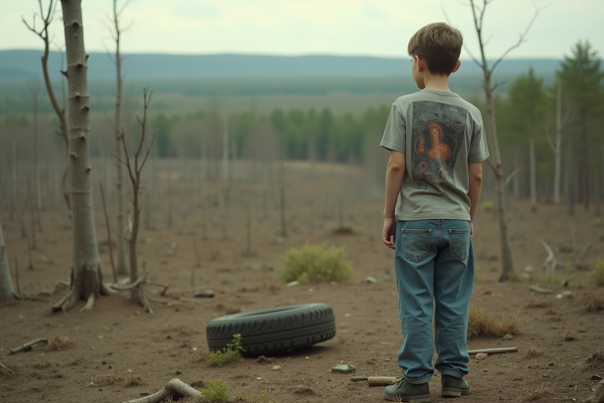 Garçon regardant une forêt dévastée et terrain nu