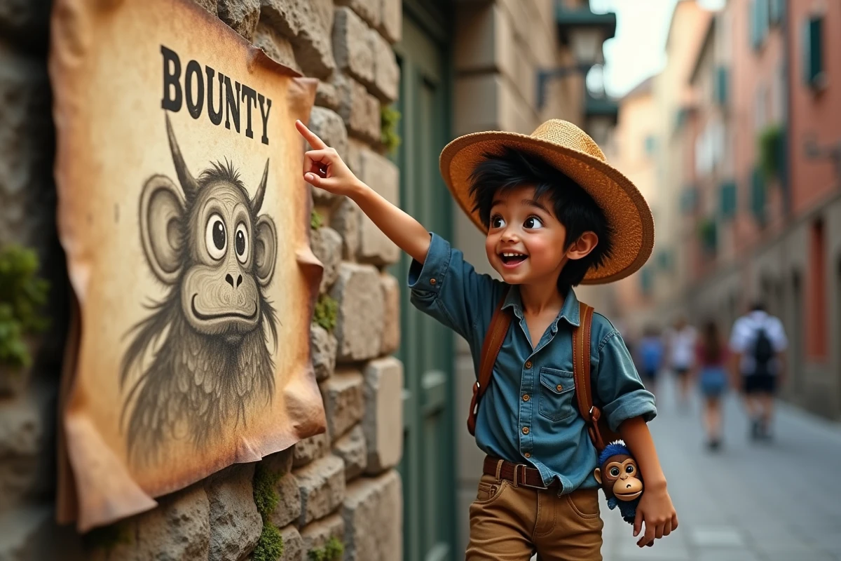 Garcon pointant un poster de prime dans une ville portuaire
