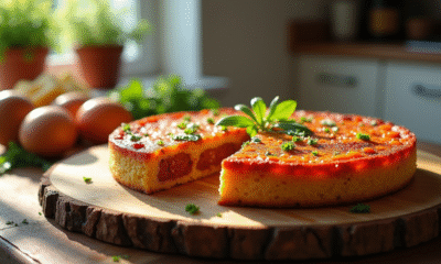 Gâteau de chorizo tranché sur planche en bois avec herbes