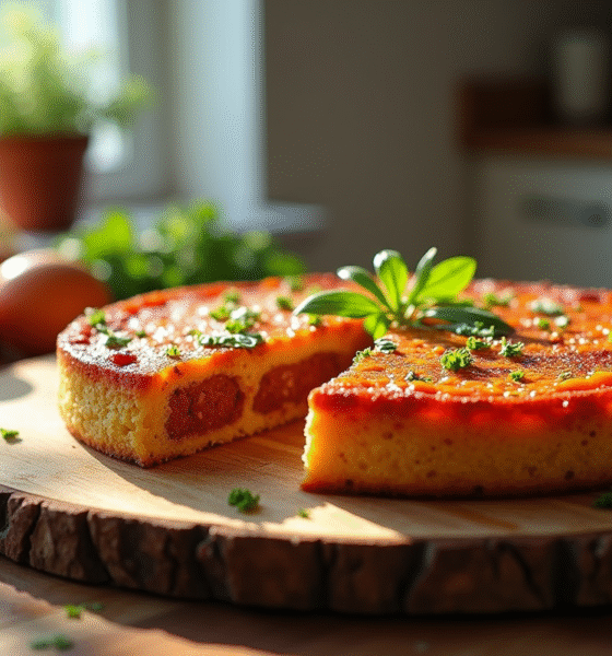 Gâteau de chorizo tranché sur planche en bois avec herbes