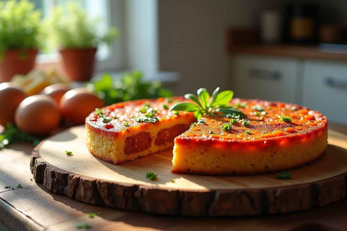 Gâteau de chorizo tranché sur planche en bois avec herbes