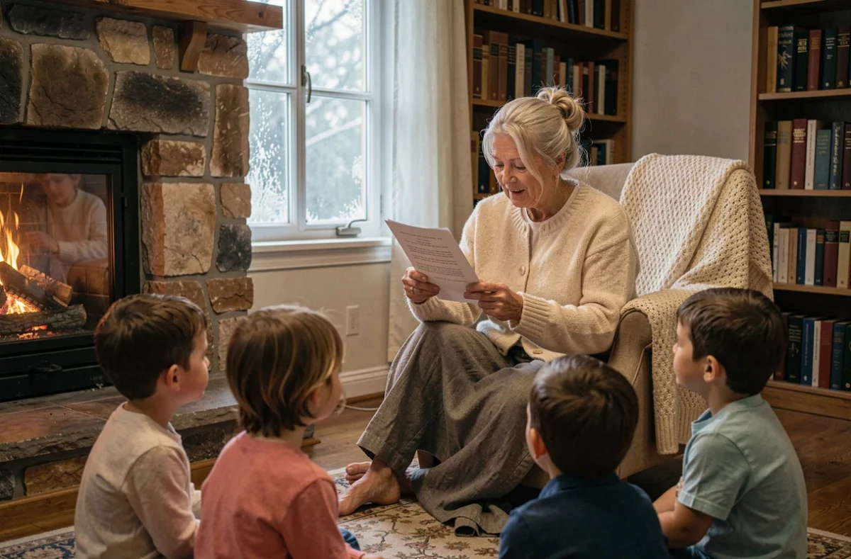 Grand-mère lisant un poème d'hiver à voix haute à des enfants réunis dans un salon chaleureux