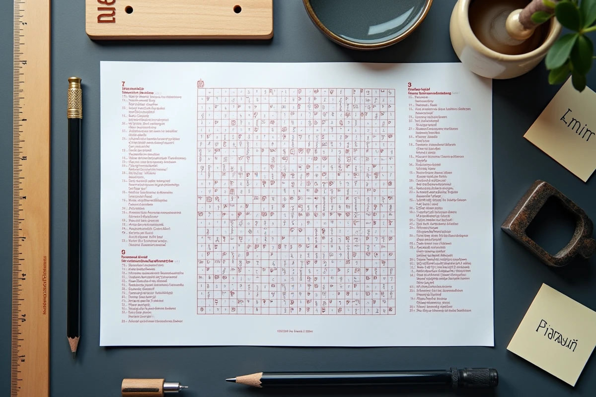 Vue à plat d'une grille de mots croisés imprimée avec annotations manuscrites en rouge, entourée d'outils de conception sur un bureau ardoise