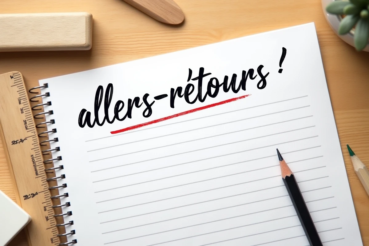 Gros plan sur une feuille de papier lignée avec l'orthographe manuscrite d'allers-retours corrigée au crayon rouge sur un bureau scolaire