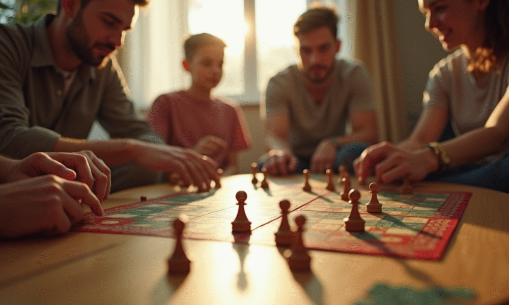 Groupe d'amis jouant à un jeu de société en matinée