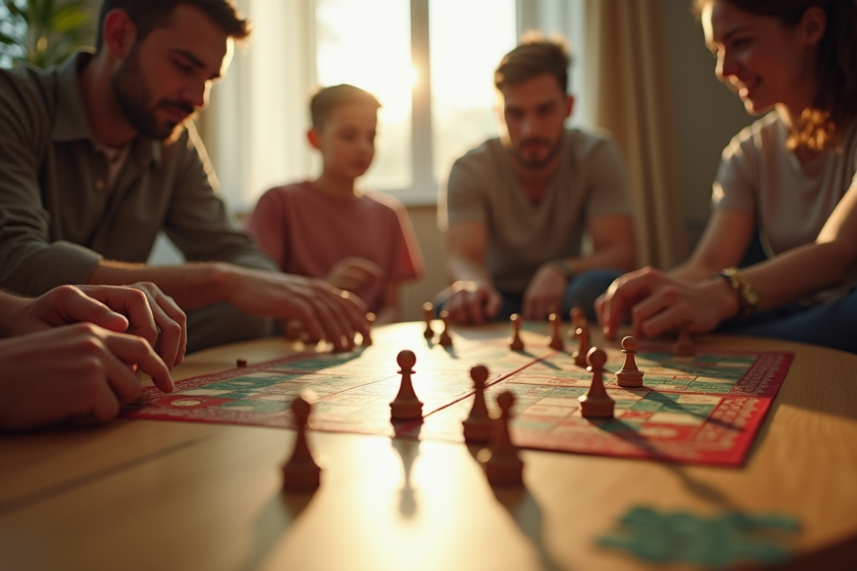 Groupe d'amis jouant à un jeu de société en matinée