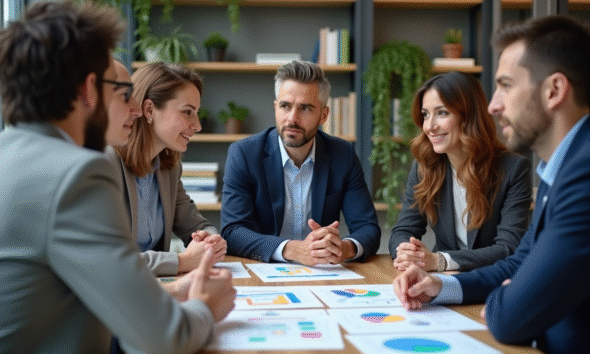 Groupe de professionnels en réunion dans un bureau moderne