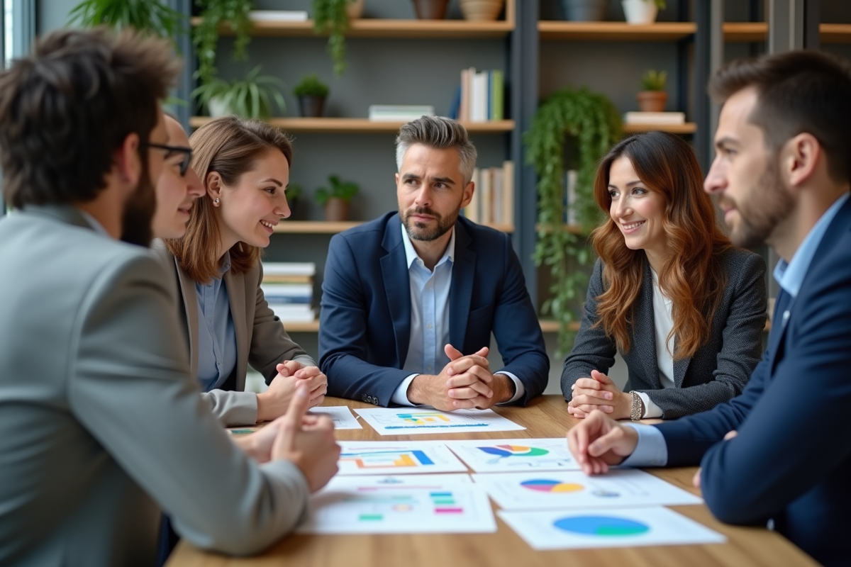 Groupe de professionnels en réunion dans un bureau moderne