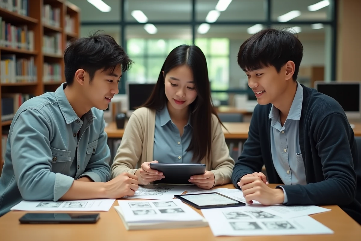 Trois étudiants discutant autour d une table en bibliothèque