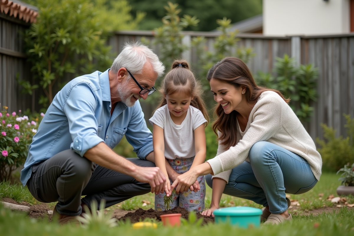 Famille multigénérationnelle jardin en train d