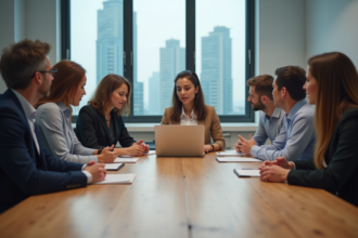 Groupe de professionnels lors d'une réunion avec ChatGPT