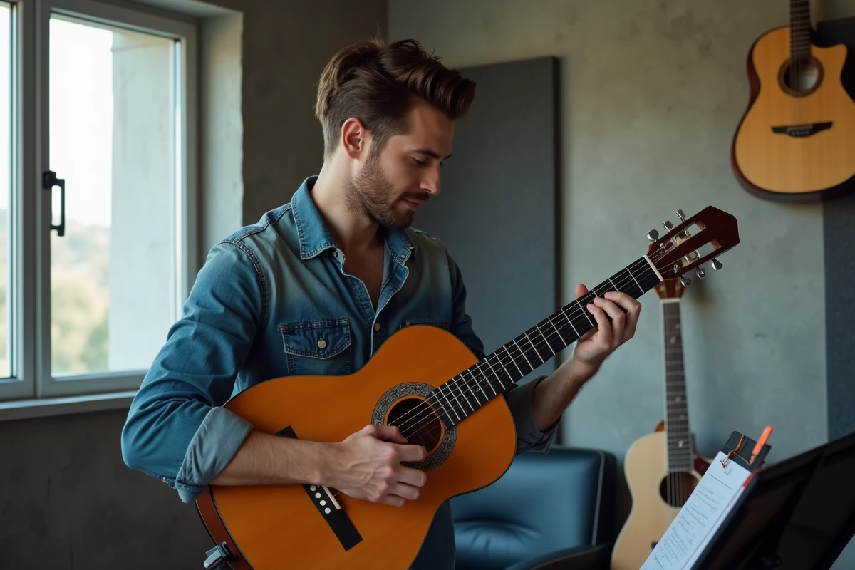 Guitariste débutant travaillant les accords de Petite Marie sur une guitare classique dans un studio de répétition