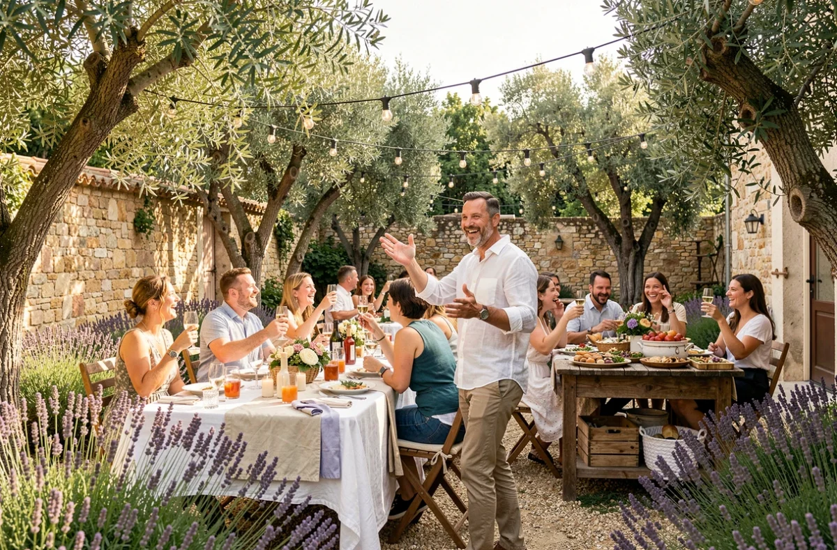 Responsable de Happy Events Grand Sud supervisant une réception festive en plein air dans un jardin provençal du sud de la France