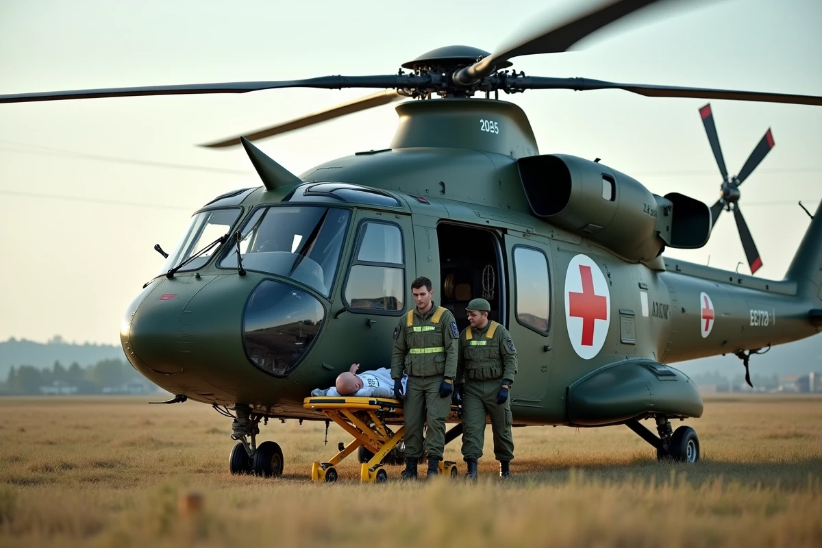 Hélicoptère d'évacuation sanitaire EC725 Caracal de l'armée française avec équipe médicale militaire sur le terrain