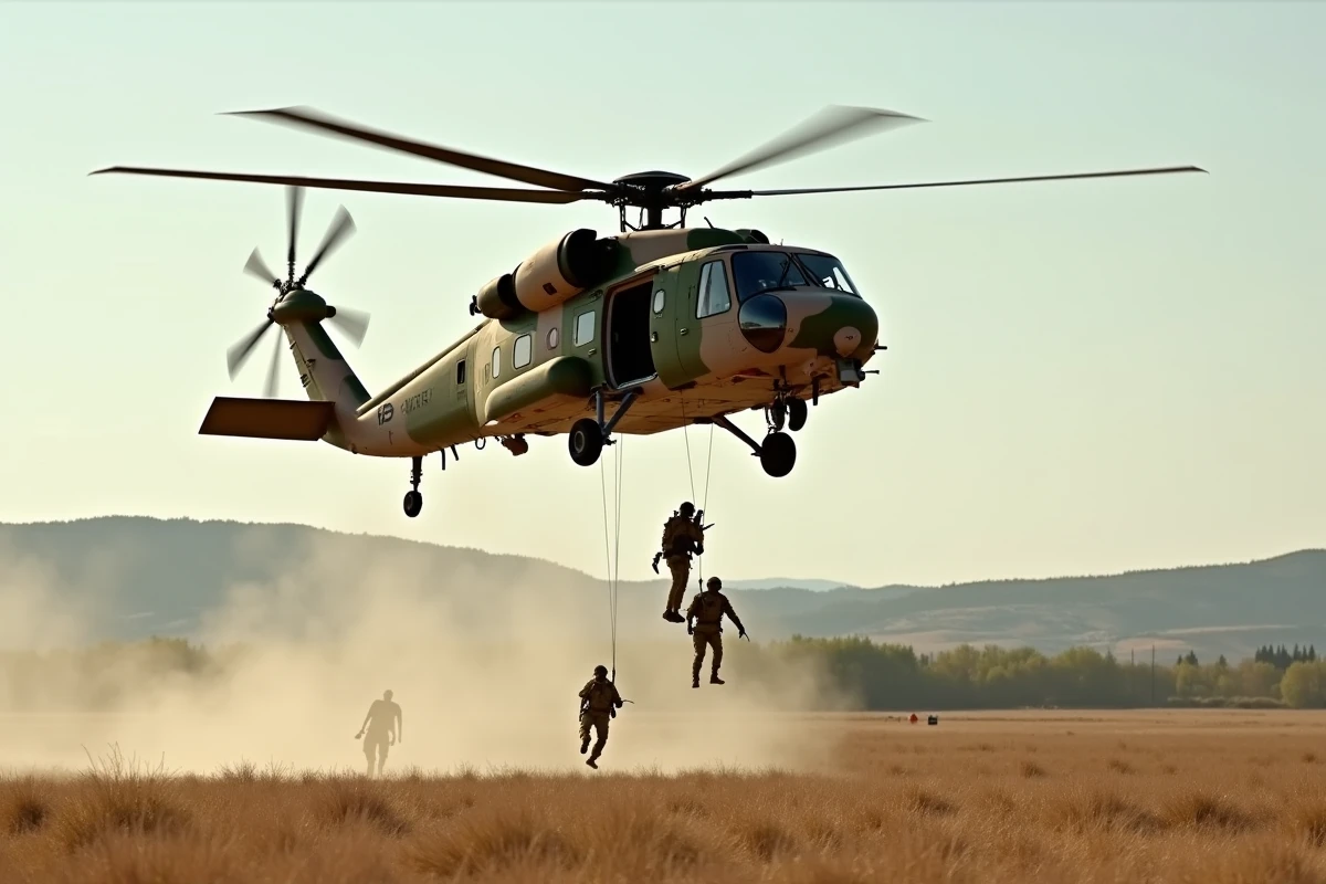 Hélicoptère de transport NH90 Caïman de l'armée française lors d'un exercice de débarquement de troupes
