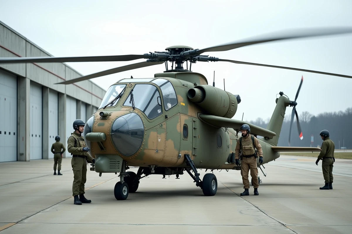 Hélicoptère d'attaque Tigre de l'armée française sur une base militaire lors d'une inspection pré-vol