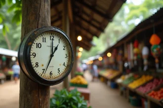 Horloge murale analogique dans un marché de Cayenne en Guyane française entourée de végétation tropicale