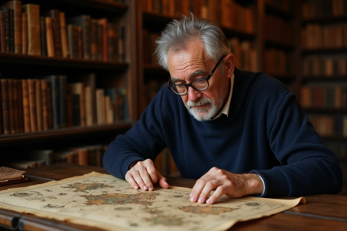 Historien étudiant une carte ancienne du duché de Bretagne avec des symboles d'hermine