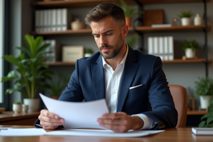 Homme d'affaires confiant examine des documents immobiliers