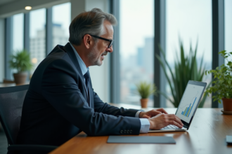 Homme d'affaires lisant un rapport avec graphiques AI dans un bureau