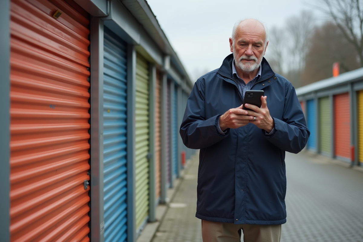 Homme regarde prix de location devant des box de stockage
