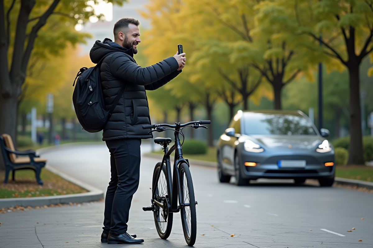 Homme avec vélo et voiture électrique dans un parc