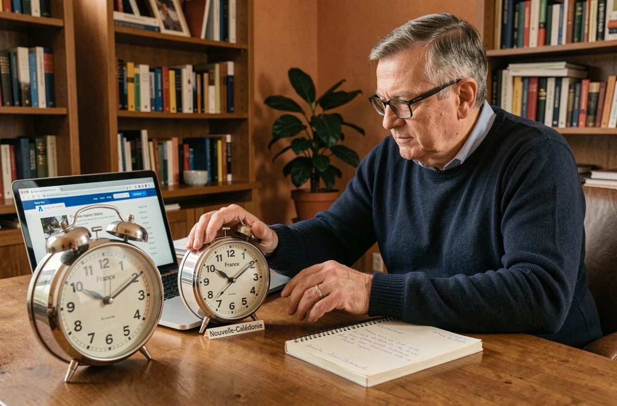 Homme en bureau à domicile comparant les fuseaux horaires entre la France et la Nouvelle-Calédonie avec deux horloges et un ordinateur portable