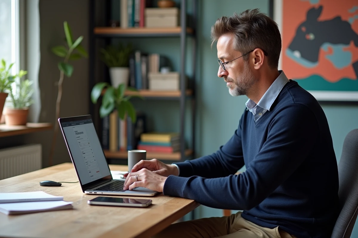 Homme d age au bureau avec ordinateur portable