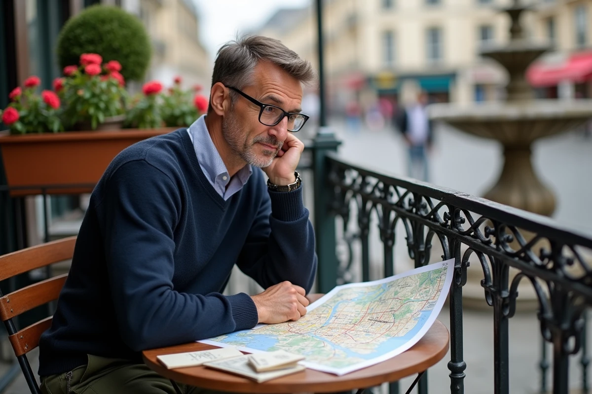 Homme étudiant une carte de Paris par arrondissement attablé en terrasse de café parisien