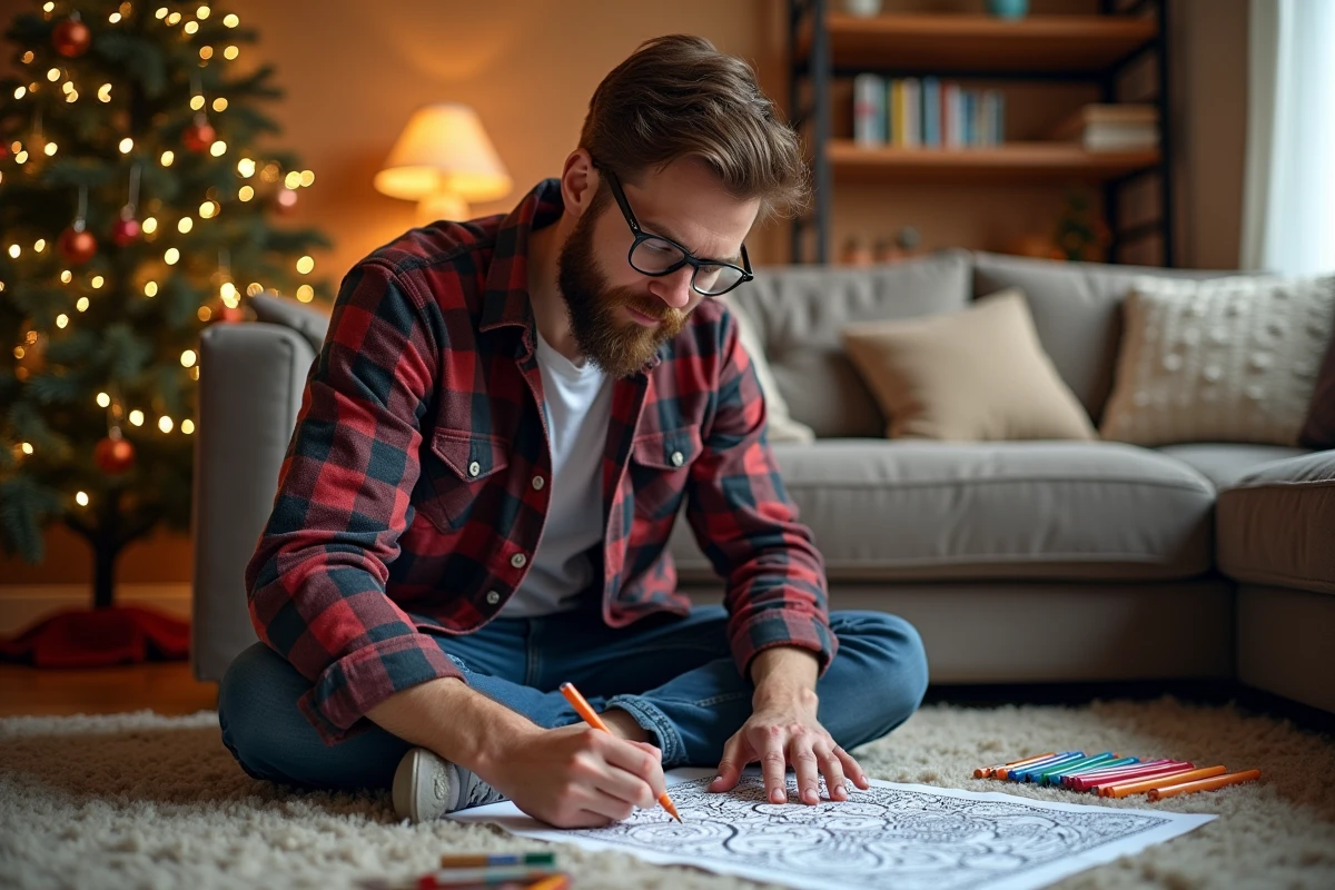Homme avec barbe coloriant un coloriage de noel dans le salon