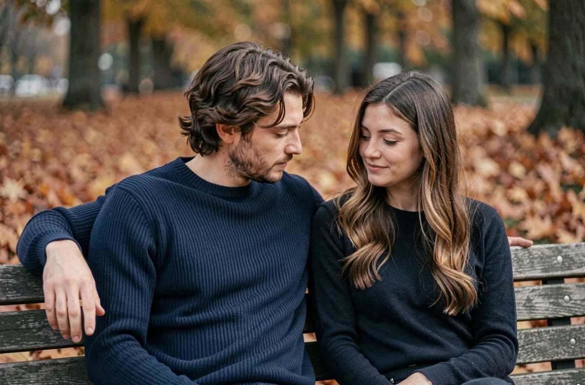 Homme pensif qui parle de son passé à une femme sur un banc en automne, attitude introspective évoquant une confidence sentimentale