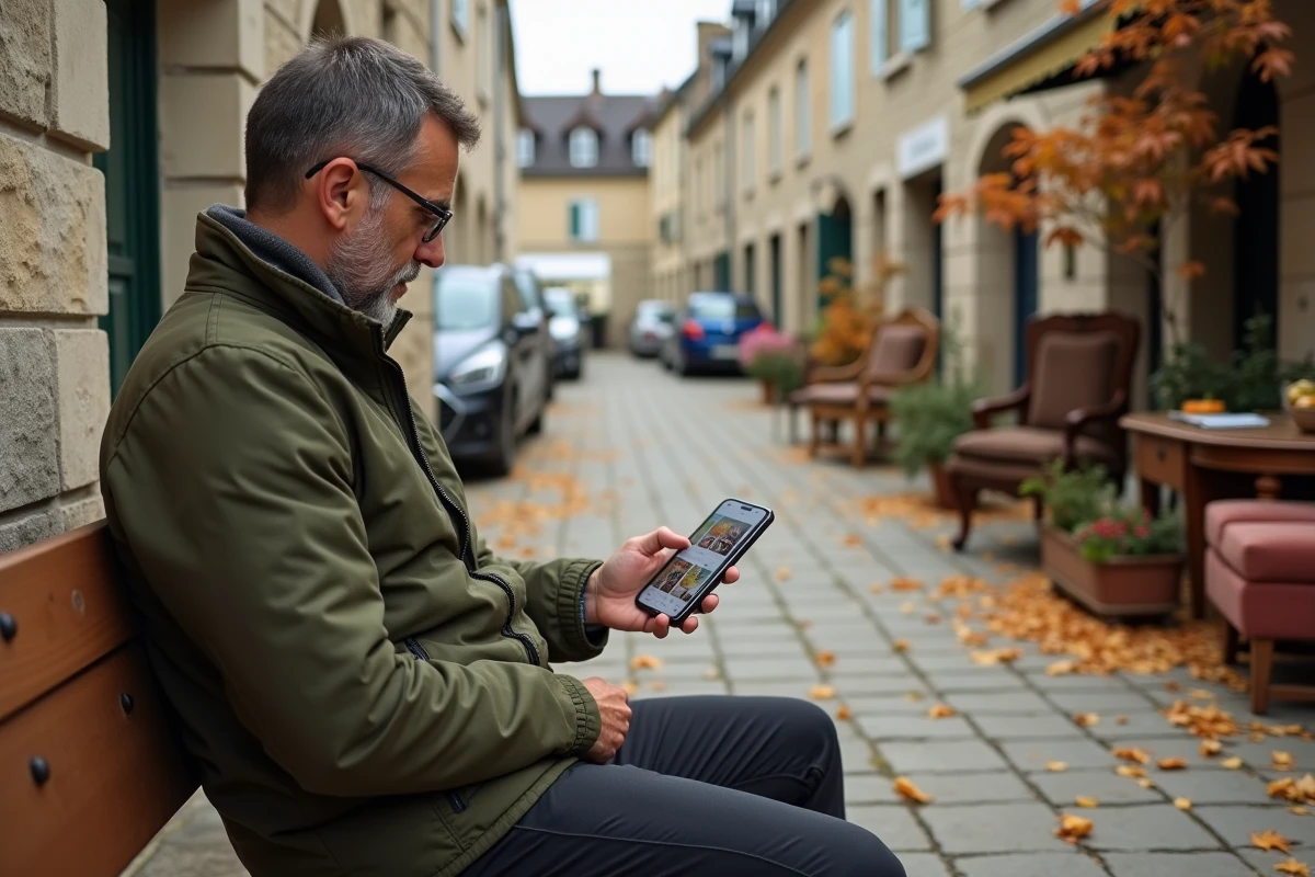 Homme consultant des annonces de seconde main sur Dabradou assis devant une brocante de village