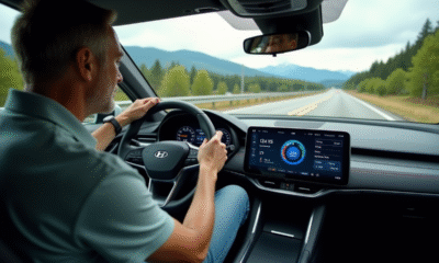 Homme d'âge moyen vérifiant le tableau de bord numérique dans une voiture hybride