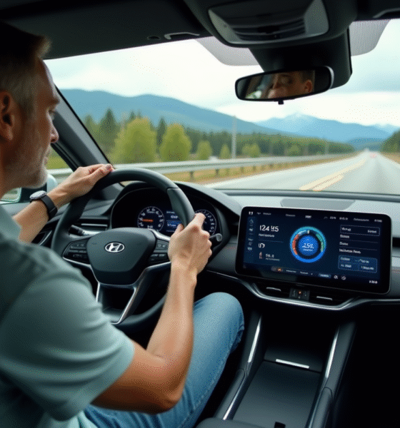 Homme d'âge moyen vérifiant le tableau de bord numérique dans une voiture hybride