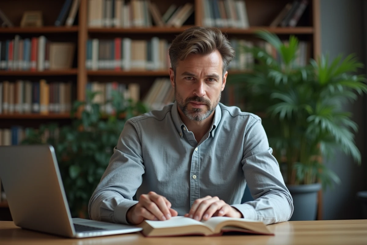 Homme consultant un dictionnaire français dans une bibliothèque moderne pour vérifier l'orthographe correcte du mot allers-retours