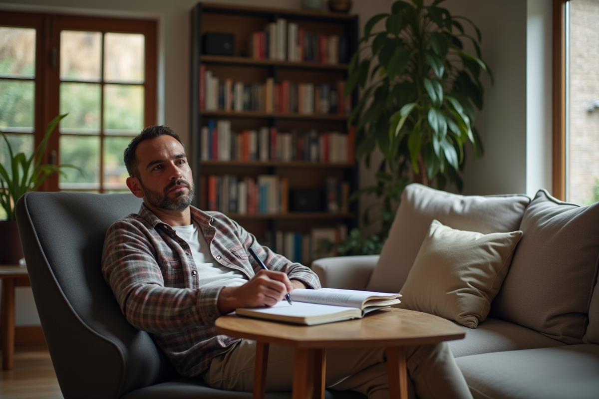 Homme écrivant dans un salon cosy