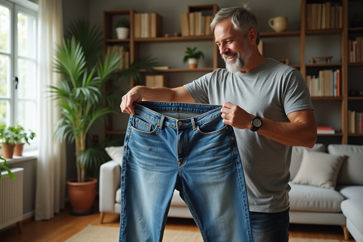 Homme regardant un jean délavé dans un salon cosy