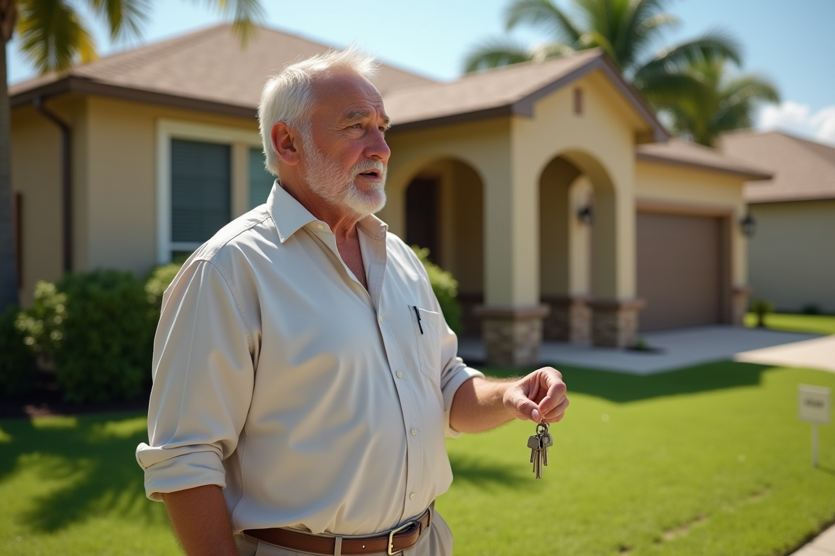 Homme français tenant des clés devant une maison en Floride